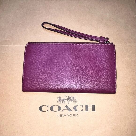 COACH Slim Wallet Wristlet Clutch Deep Berry Purple Pebble Leather AUTHENTIC - Picture 2 of 5
